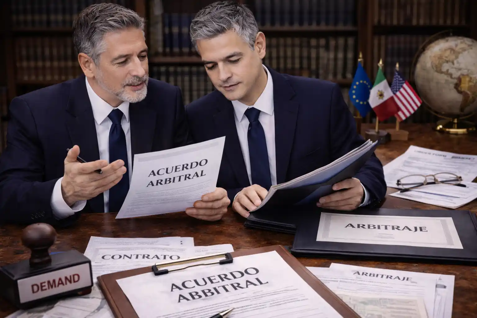 Abogados revisando acuerdo arbitral y estrategia en controversia comercial