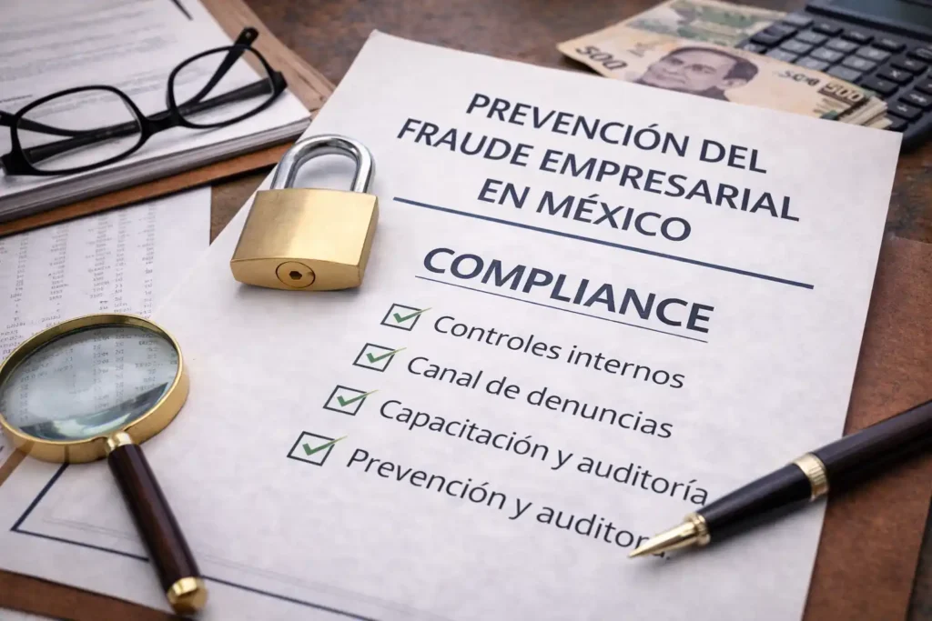 Documento sobre prevención del fraude empresarial en México con enfoque de compliance, controles internos y auditoría.