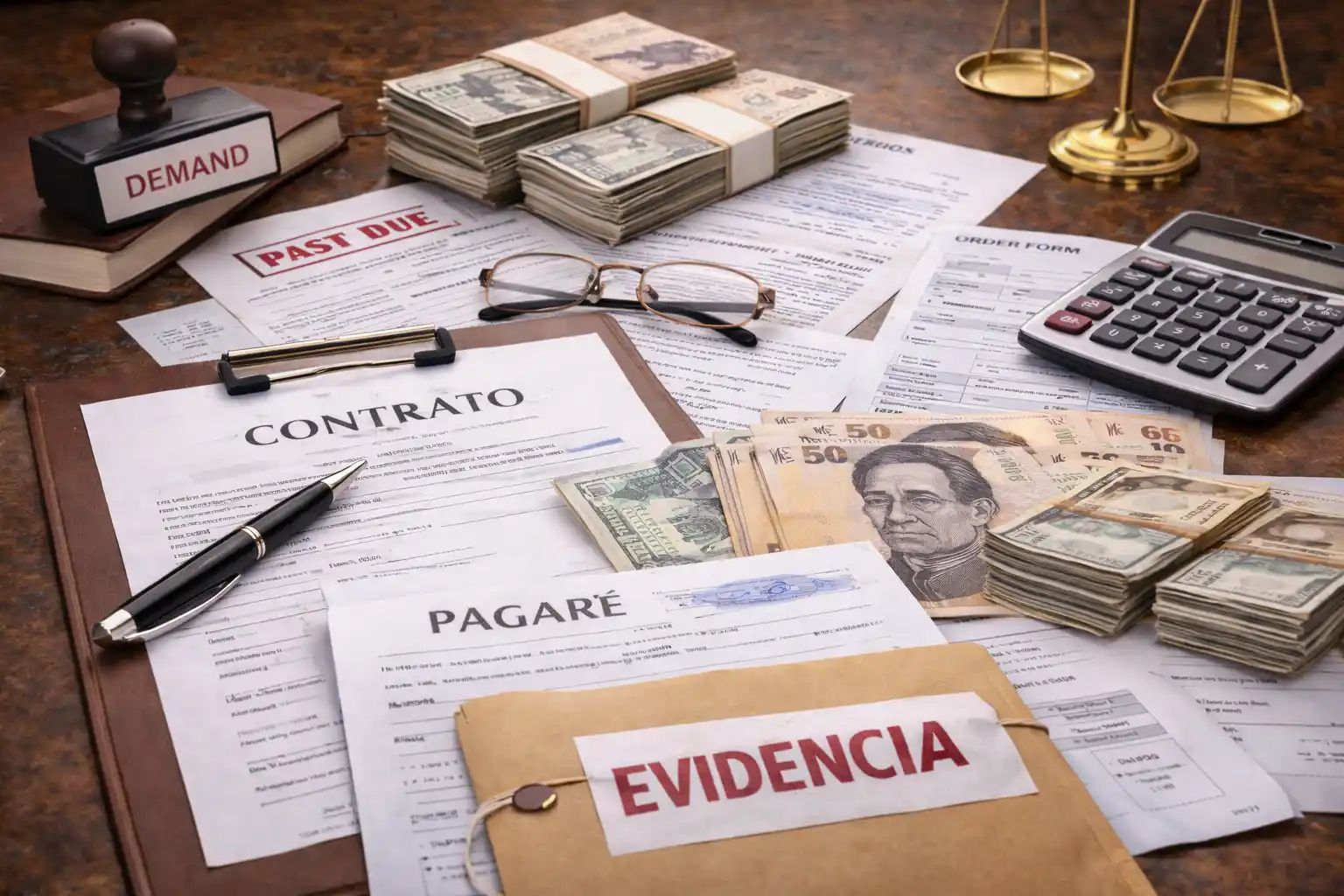 Documentos de conflicto mercantil: contrato, pagaré, evidencia y cobranza judicial