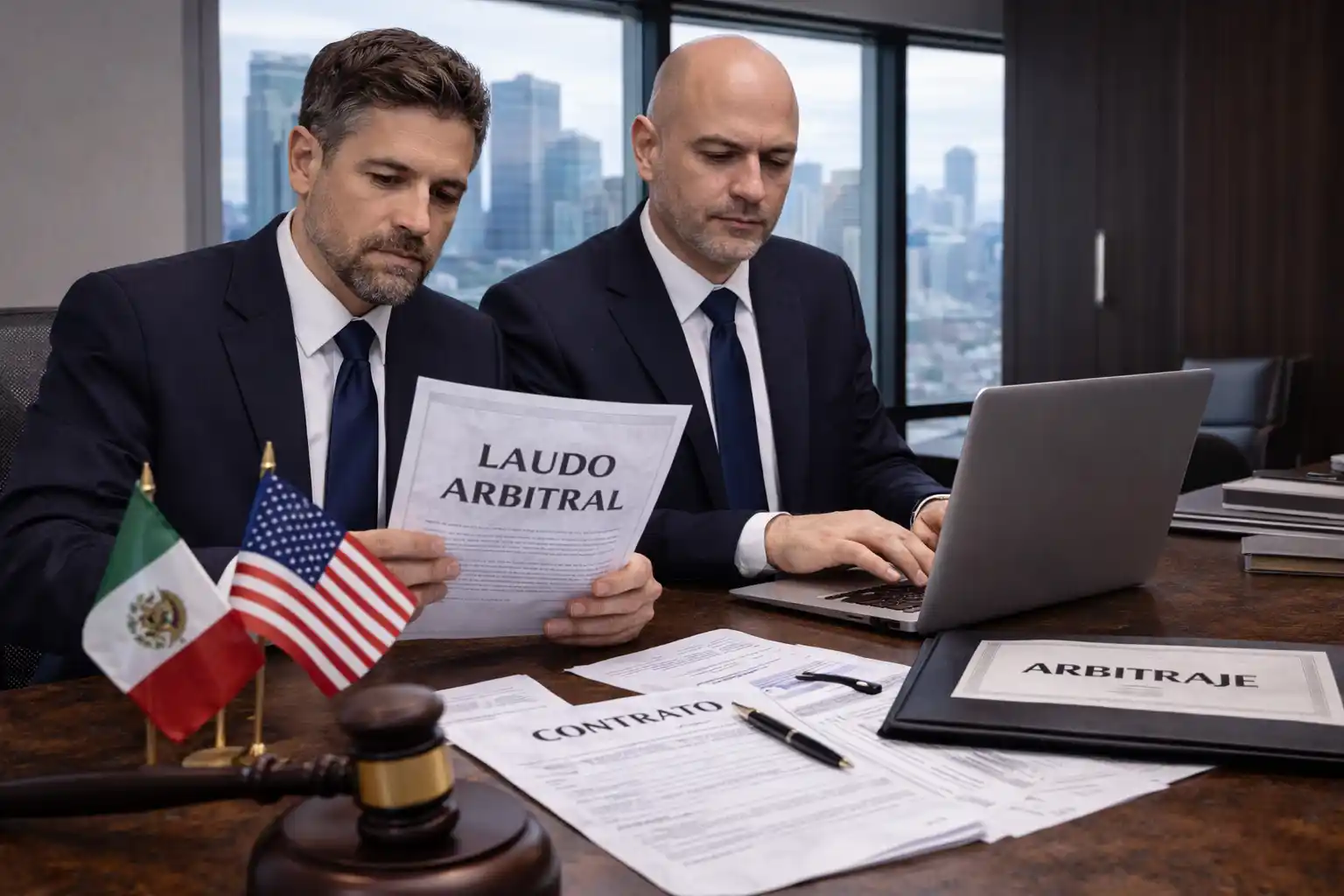 Equipo legal revisando laudo arbitral y estrategia de ejecución en oficina corporativa