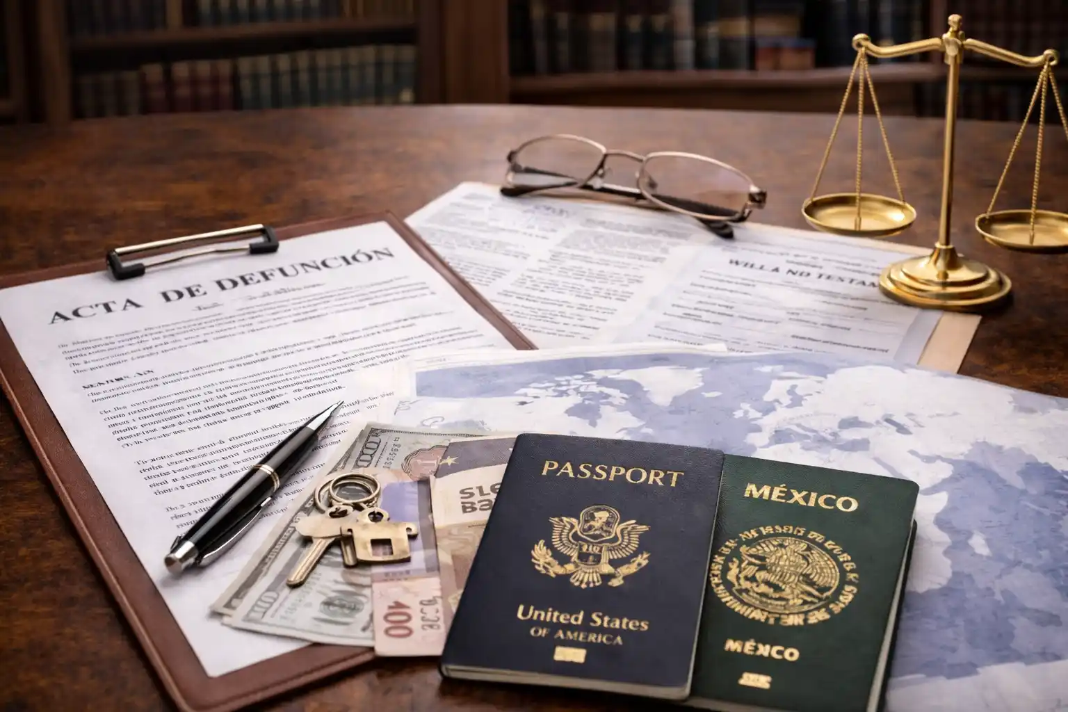 Documentos de sucesión internacional, pasaportes y mapa para herencia con bienes en el extranjero