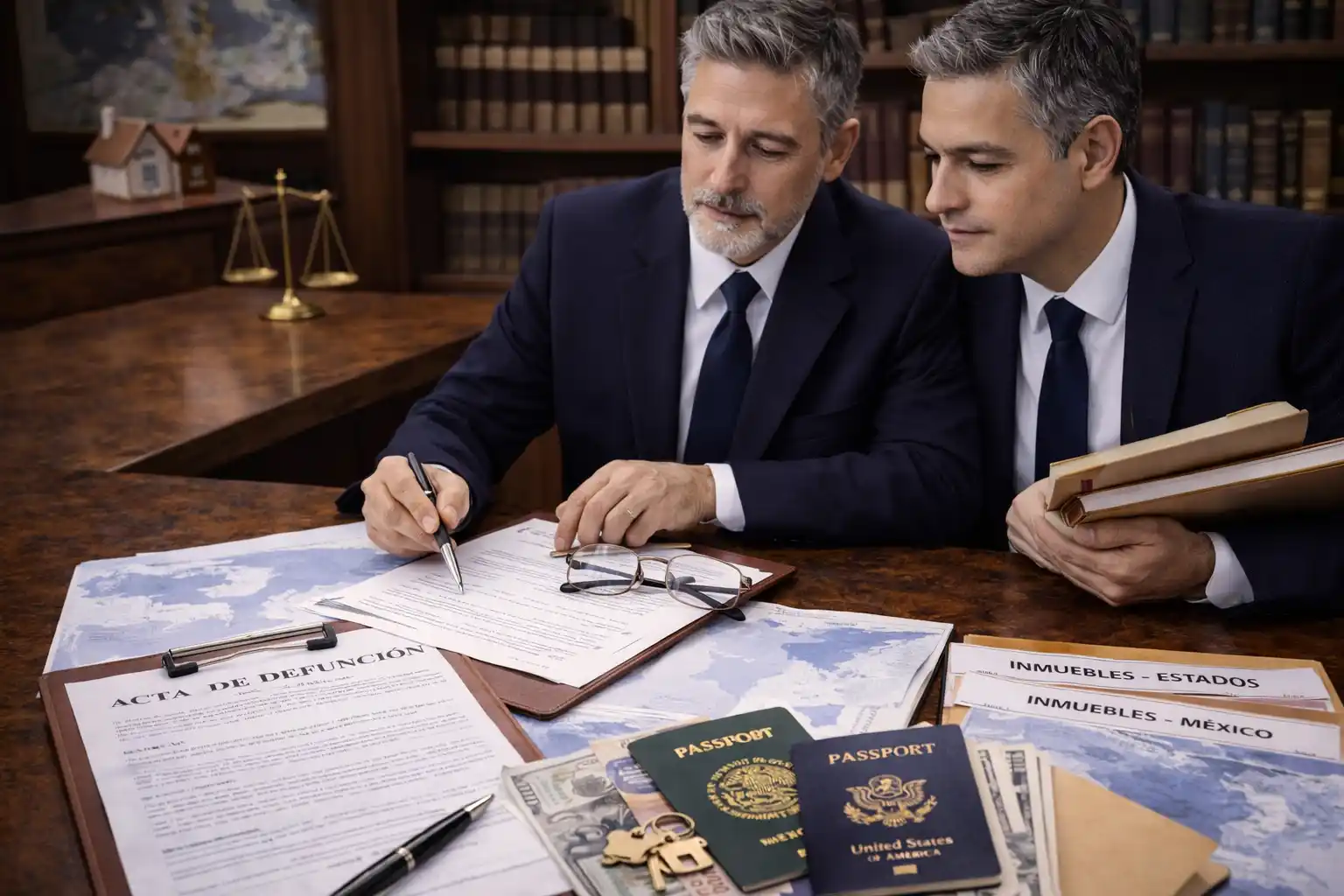 Abogados analizando expediente de sucesión internacional y bienes hereditarios.