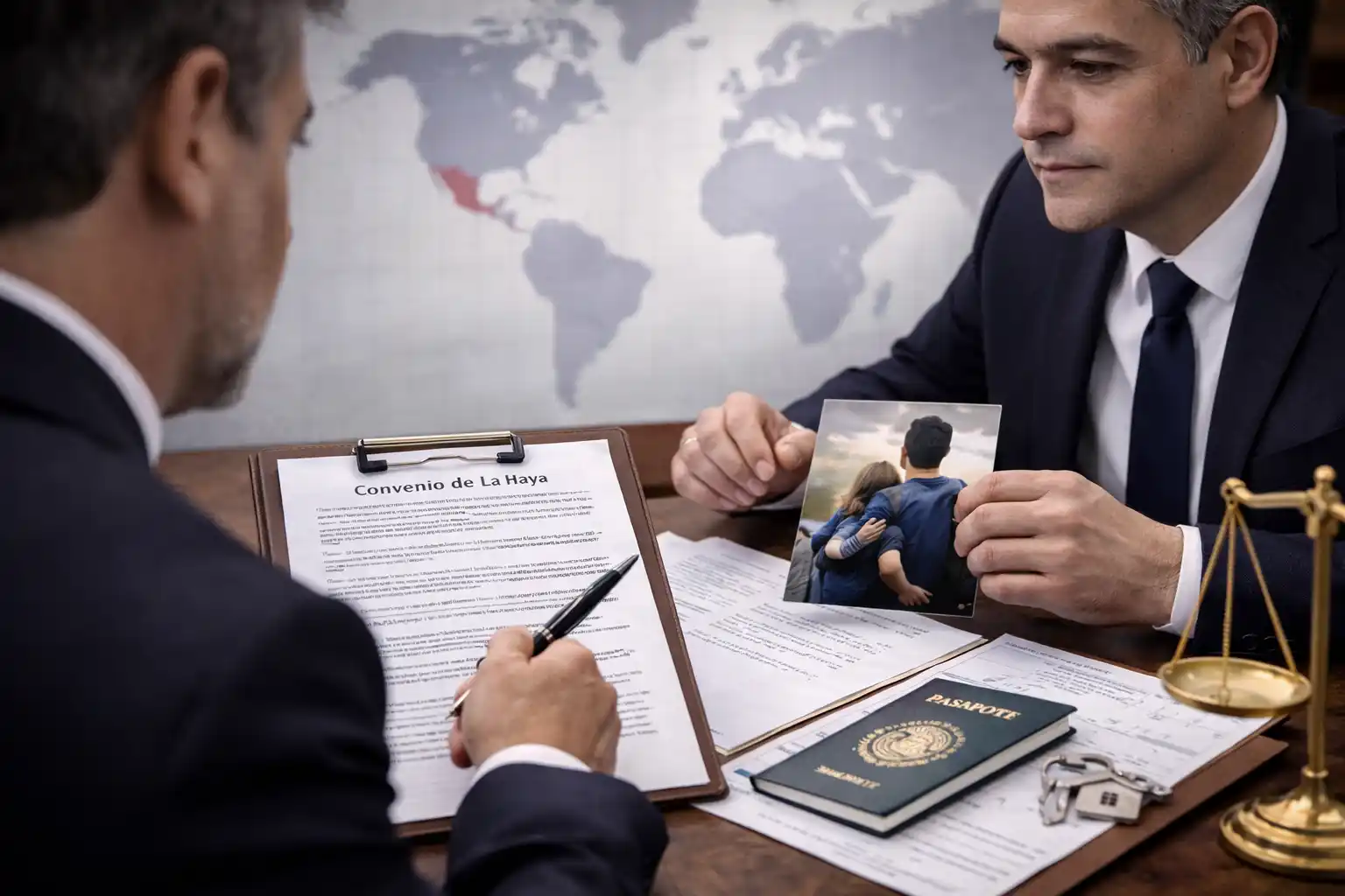 Documentación legal y mapa internacional para procedimiento de restitución de menor