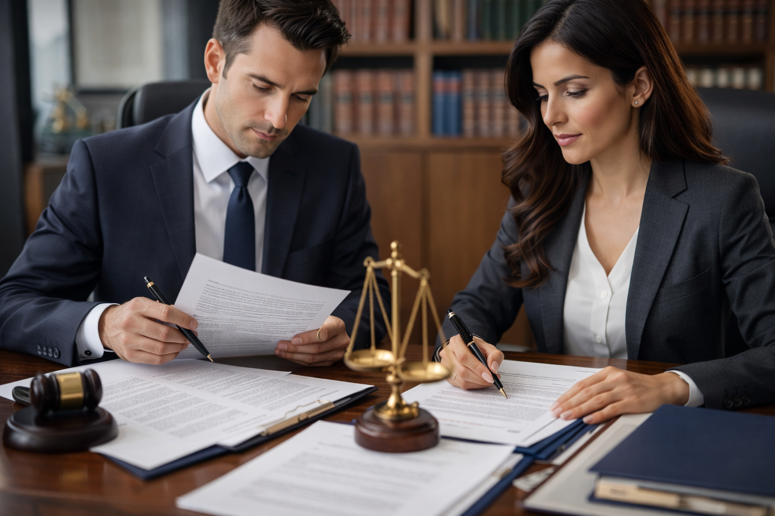 Abogados expertos en elaboracion de contratos revisando documentos para redacción y revisión de contratos.